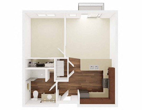 Floor plan for 1 bed, 1 bath, 596 sqft